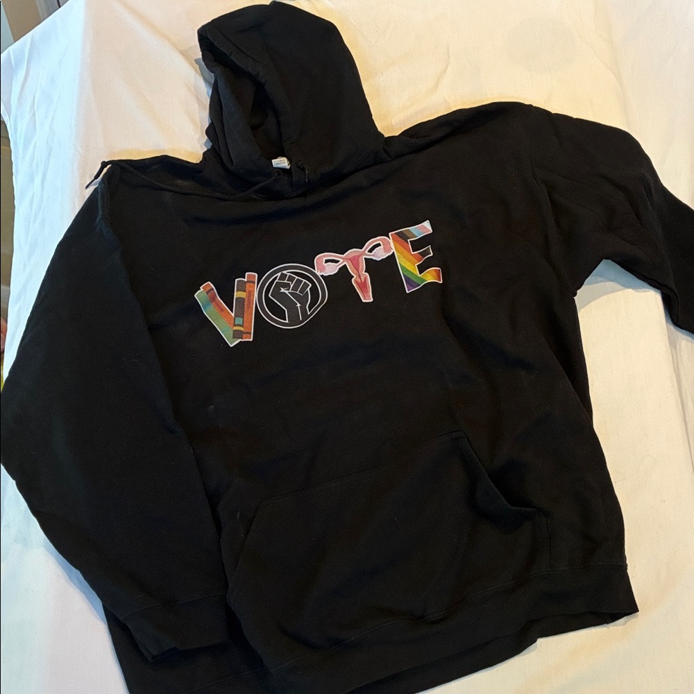 Gildan Heavy Cotton Blend 3XL Black Unisex Hoodie Vibrant Vote Message Like New